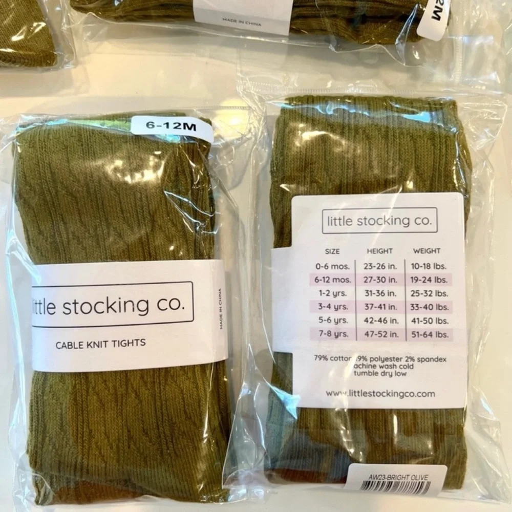 New! Set of two Little Stocking Co. Olive Green Cable Knit Tights 6-12 months